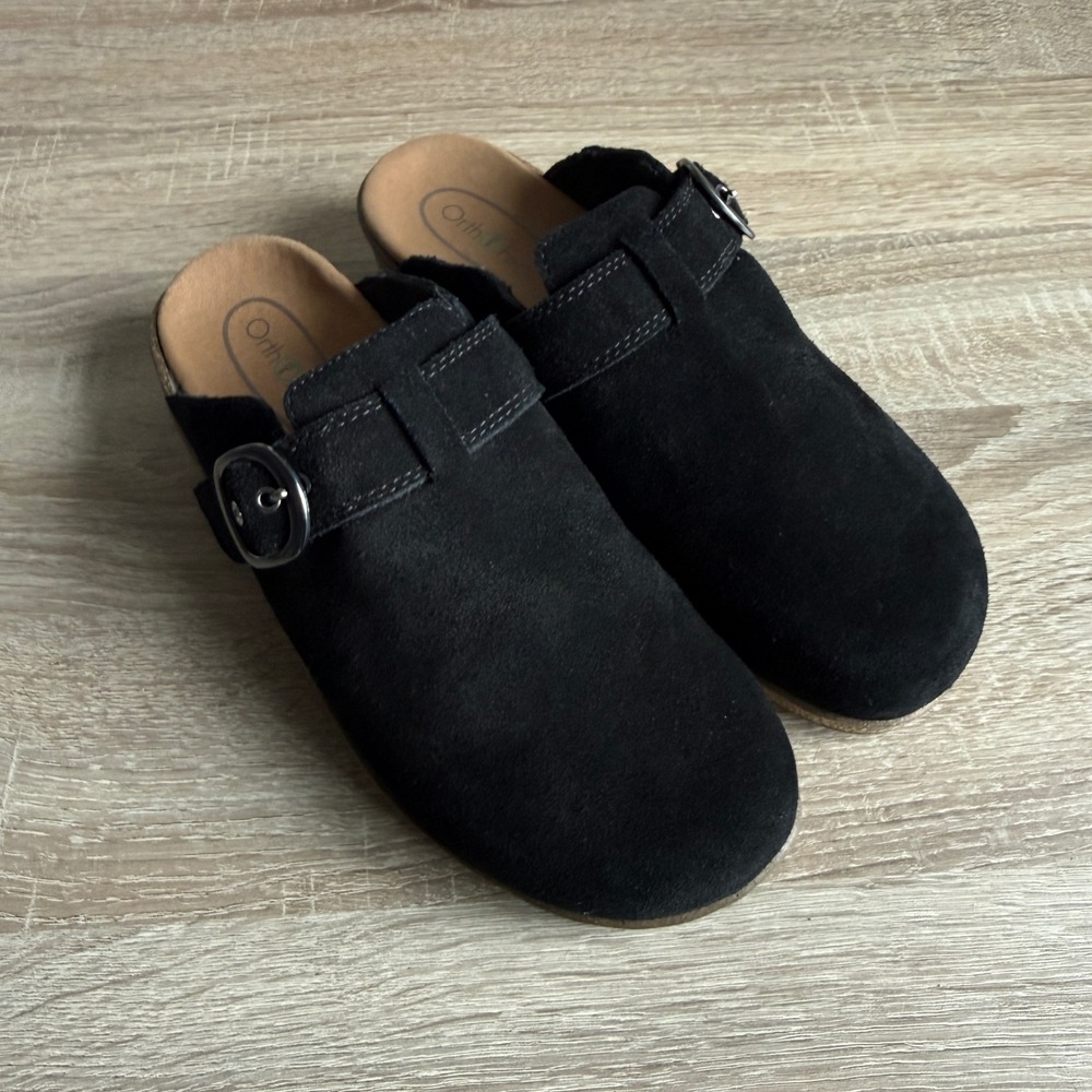 Orthofeet Women 9.5 B Black Suede Clogs Mules Buckle Strap Comfort Shoes 71011